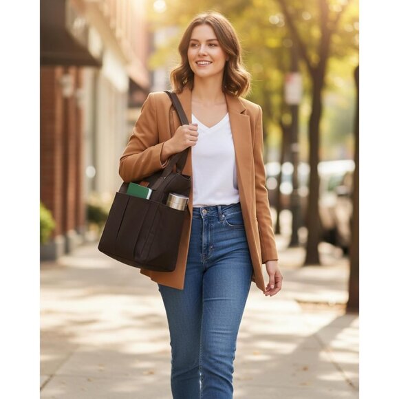 Women Black Large Utility Premium Canvas Tote Bags with Pockets Zip Top - Picture 2 of 8